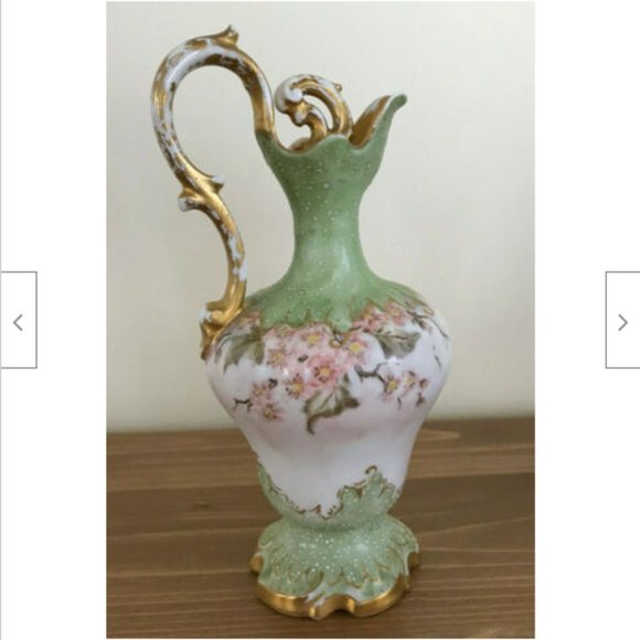 Porcelain Cruet Bottle Green Floral Pattern Gold Antique D&C Limoges France - Picture 1 of 10